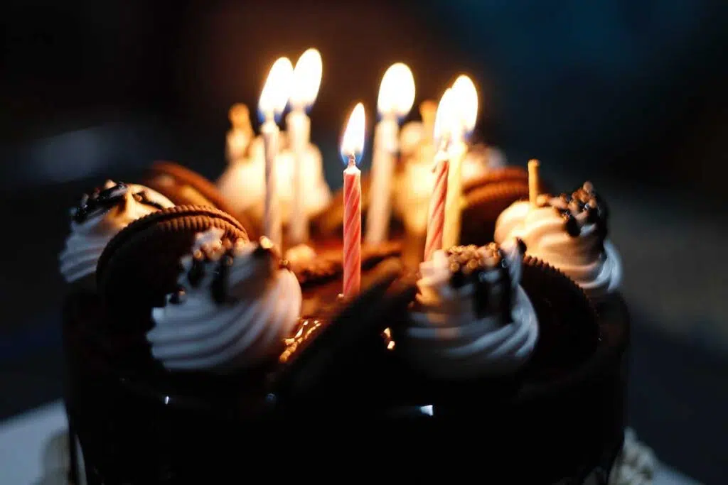 A Close Up Shot of a Chocolate birthday Cake with Lighted Candles - Free birthday cake images