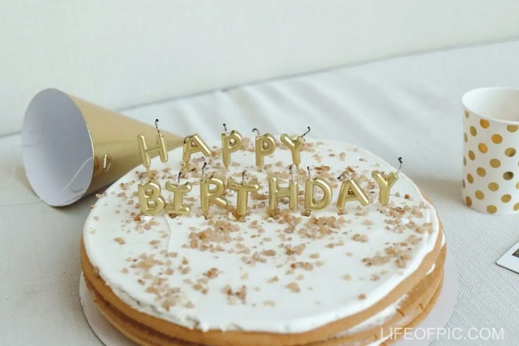 Birthday Cake with Candles on Table