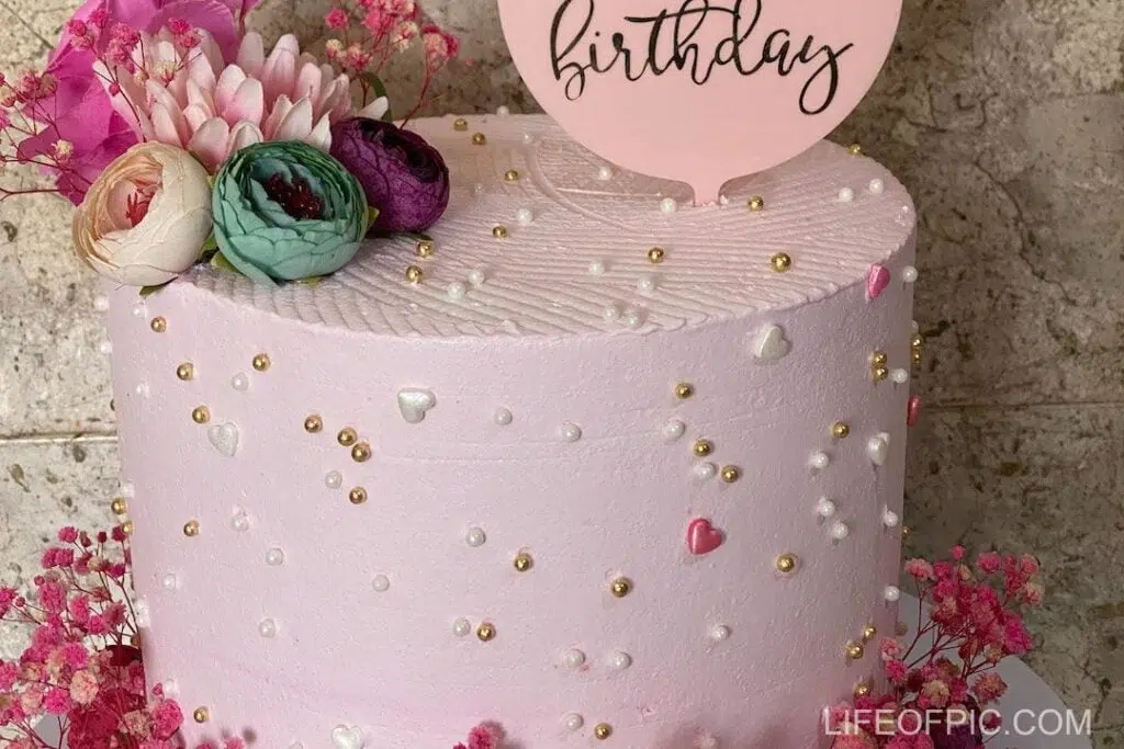 Close-up of a Birthday Cake with Flowers