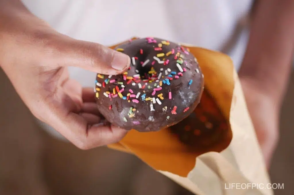 Hand Holding a Chocolate Doughnut With Sprinkles - Donuts Images