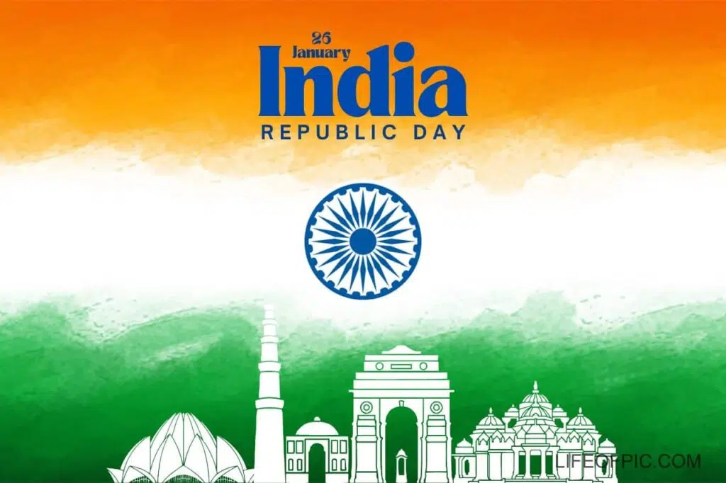 A flag with buildings and text Republic Day - happy republic day images