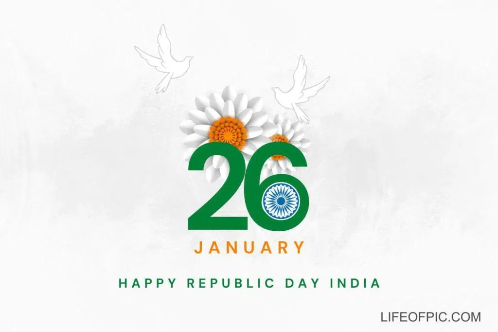 A white background with green and orange flowers and white birds - happy republic day images