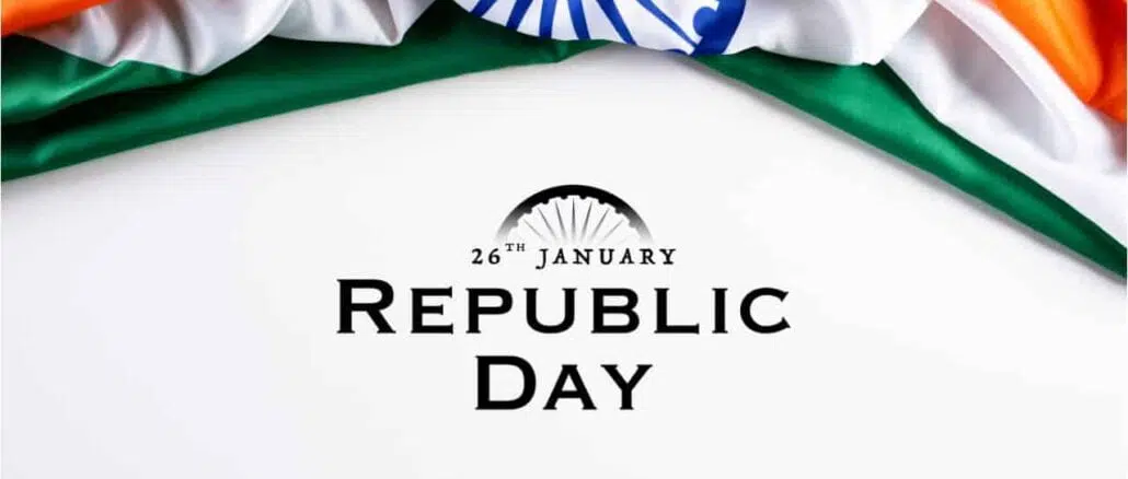Indian flag with the text Happy republic day against a white background. 26 January