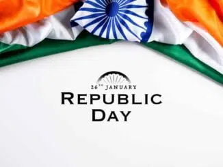Indian flag with the text Happy republic day against a white background. 26 January - flower images